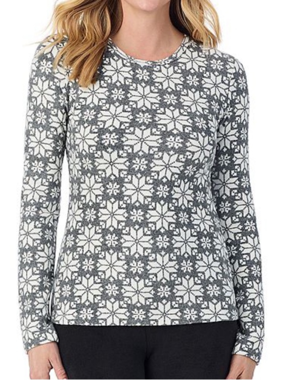 NWT Women’s Medium Gray & White Snowflake Cuddl Duds Fleecewear Stretch Crew Top